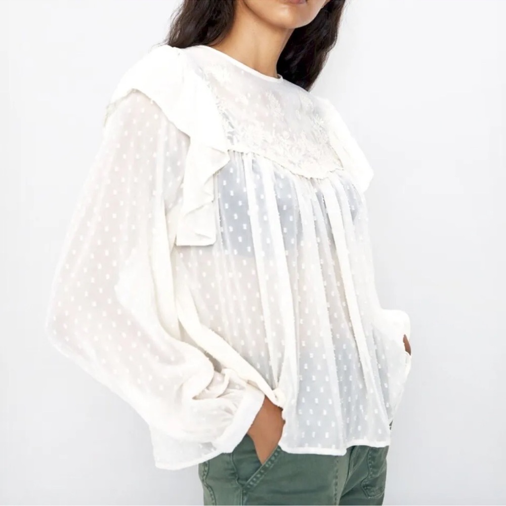 Romantic ZARA Women's  Sheer Ruffle Swiss Dot Top XS